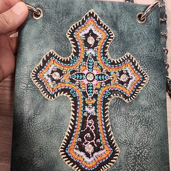 P&G Rhinestone Western Turquoise Cross Metal Studded Crossbody Messenger Bag NWT - Picture 6 of 11